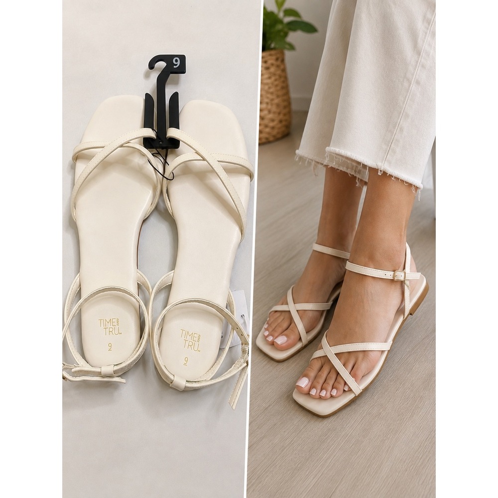 Time and Tru Womens Square Toe Crisscross Ankle Strap Flat Sandals Cream Size 9